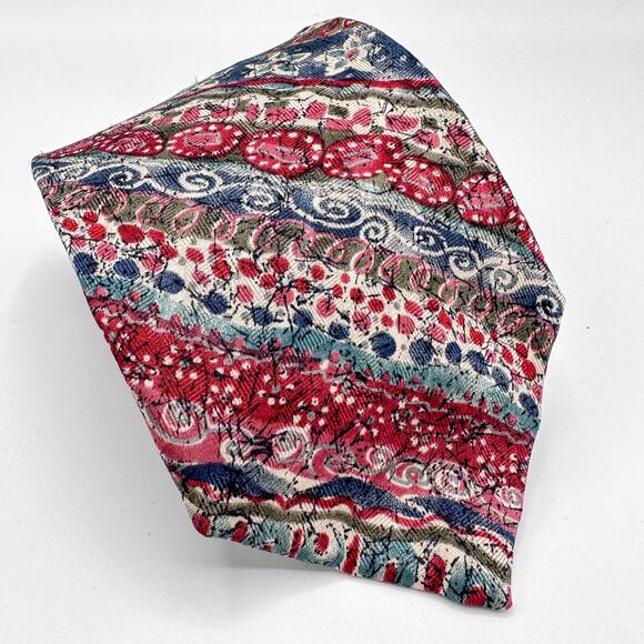 Vintage Sandwashed Silk Tie Red Blue Multi Print Fashion‎ House RTHR - Picture 1 of 9